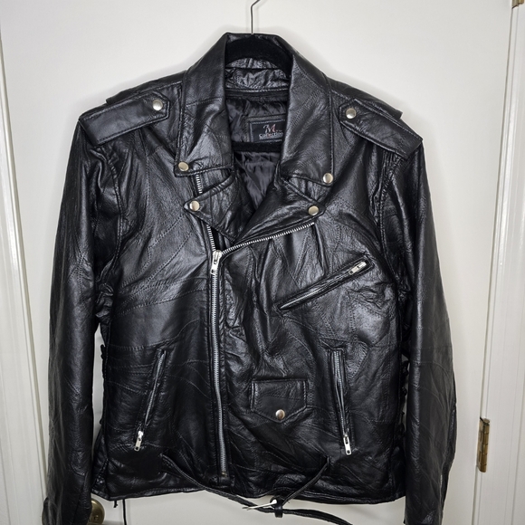 M Collection Black Leather Jacket Asymmetrical Zipper Size Large - Picture 1 of 9